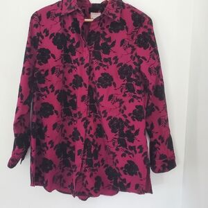 CHICO'S L Burgundy Black Velvet Floral LS Tunic Top Button Up 90s Boho Office